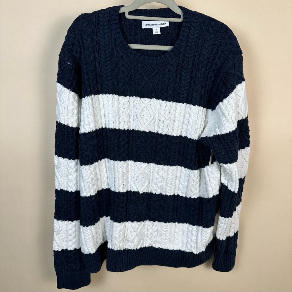 NWT Amazon Essentials Cable Knit Sweater, Navy Blue White Stripes , Men’s XXL